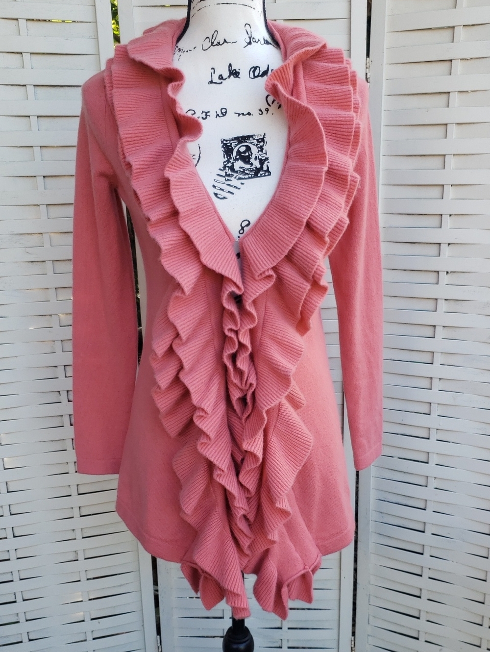 Neiman Marcus Ruffled 100 % Cashmere Open Front Cardigan in Dusty Rose Size S